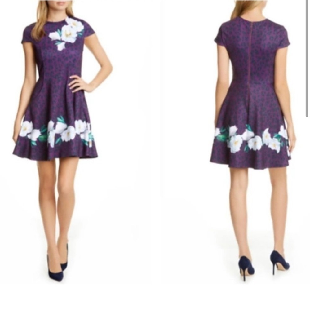 Ted Baker Floral Leopard Fit and Flare Pocket Purple Dress Size 3